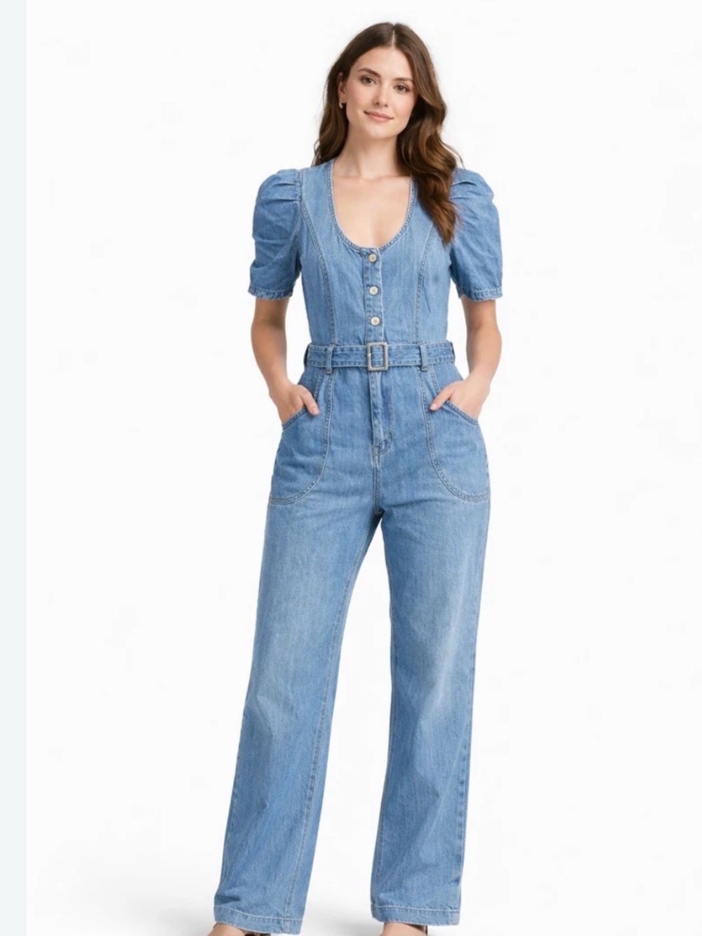 Jessica Simpson Blue Denim Short-Sleeve Belted Jumpsuit